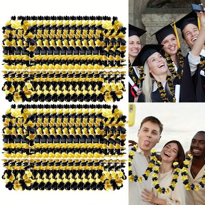 Bộ 6/12 vòng hoa Leis đen vàng, vòng hoa trang trí tiệc xem phim, tiệc Hawaii Luau, lễ tốt nghiệp, tiệc bãi biển, lễ hội nhiệt đới, ngày Valentine, tiệc cưới.