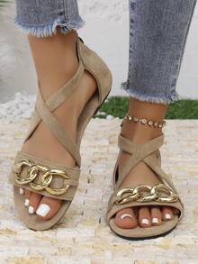 Sandales plates noires à effet daim croisées pour femmes, avec chaîne décorative, bout ouvert, fermeture éclair arrière, chaussures respirantes pour tenues de fête & quotidiennes d'été - Kaki - Voir 4