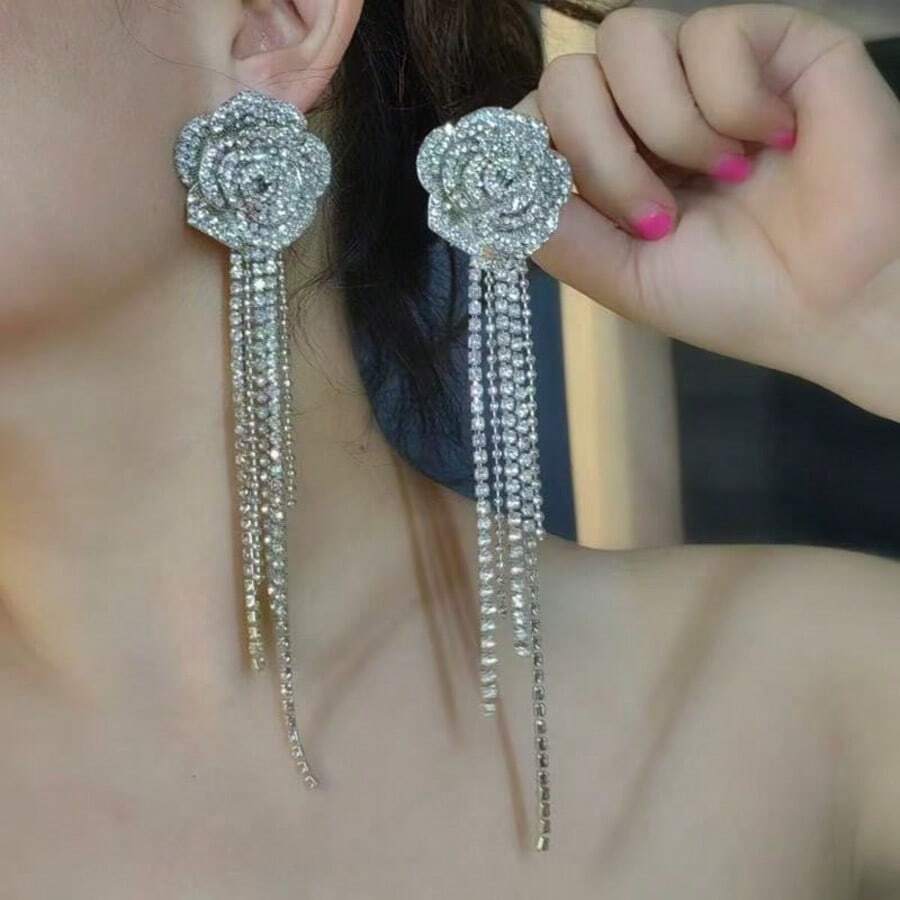 1对水晶花朵流苏耳环，适合日常佩戴 - 鑲水鑽花朵流蘇耳環 - 查看 1