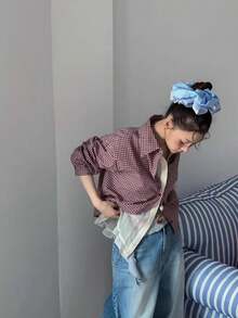 女士春季开衫，新款小格子二合一荷叶边下摆休闲复古拼接长袖衬衫，宽松百搭 - 紅色 - 查看 3