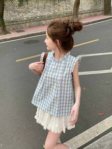 Áo hai dây tay ngắn xếp ly kẻ caro kiểu Hàn Quốc, đa năng, thích hợp cho mùa hè. - Màu xanh lam - Xem 4