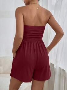 Women Summer Romper Strapless Tube Ruffle Boho Loose Shorts Jumpsuits Pockets Casual Daily Spring Holiday Beach Vacation Airport Outfits - Màu Đỏ Sâu - Xem 2