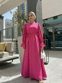 Fashionable Bell Sleeve Tie Front Long Sleeve Satin Dress - Hot Pink - View 2