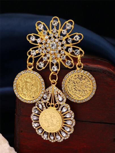 1pc Vintage Luxurious Palace Style Zinc Alloy Gold Plated Rhinestone Embellished Coin Brooch, Women's Evening Party Accessory
