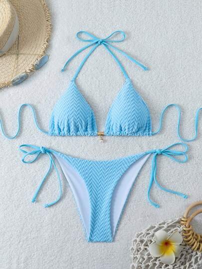 Solid Color Jacquard Knit Bikini Set, Casual Vacation Beach Wear