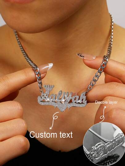 1pc Customized Name Necklace, Stainless Steel Personalized 3D Crown & Heart Pendant Necklace, Unisex Style, Suitable For Daily Wear, Perfect Gift For Valentine's Day, Mother's Day, Girlfriend, Mom, Dad, Family, Anniversary, Wedding, Friends Gathering, European And American Hip-Hop Bling Design, Father's Day Gift, Christmas Gift
