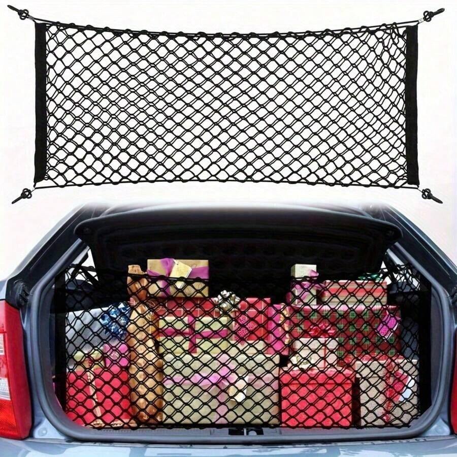 [Stretchable Net Car Trunk] Stretchable Car Trunk Organizer Net With Hooks - Nylon Cargo Storage Pickup Trucks, SUVs & - 黑色 - 查看 1