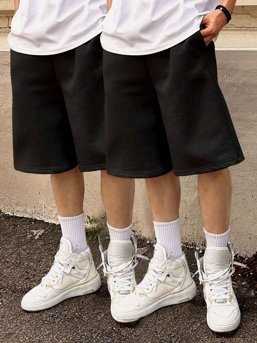2pcs Tween Boys Outdoor Casual Fashion Minimalist Solid Color High Street Bermuda Shorts - Black - View 1