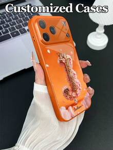 1pc Customizable Text & Letter Design Phone Case With Pink Sakura Scroll Pattern & Hollow Details, Made Of Tempered Glass, Suitable For IPhone 17 ProMax/17 Air/15/16 Pro/14 Plus/13 Pro/12 Pro Max/11 Models, Tempered Glass Camera Protection, Tempered Glass Back Cover, Large Window Phone Protective Case, Best Gift For Friends And Family - Orange - View 6