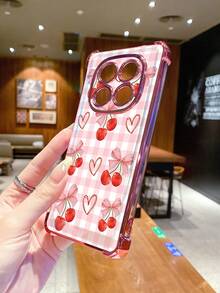 1个格子樱桃蝴蝶结防摔电镀摄像头保护手机壳，UV印刷，适用于三星Galaxy////安卓机型 - 粉色 - 查看 4