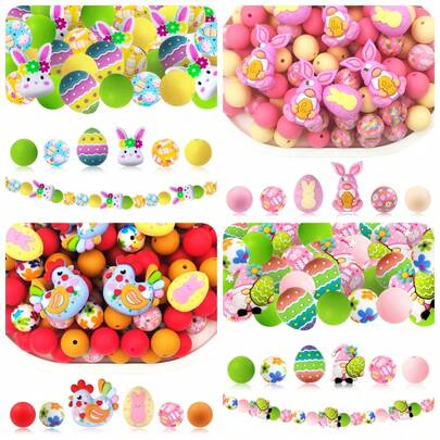 28颗复活节彩蛋兔子硅胶珠套装，春夏装饰硅胶珠，包含15毫米圆形珠子，适用于制作耳环、项链、包包链、手机链、化妆刷链等珠宝配件，创意手工材料，适合作为复活节和节日礼物。