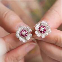 1 Pair Luxurious Copper Zirconia Stud Earrings, Ruby Earrings, Suitable For Daily Wear, Gift - Multicolor - View 1