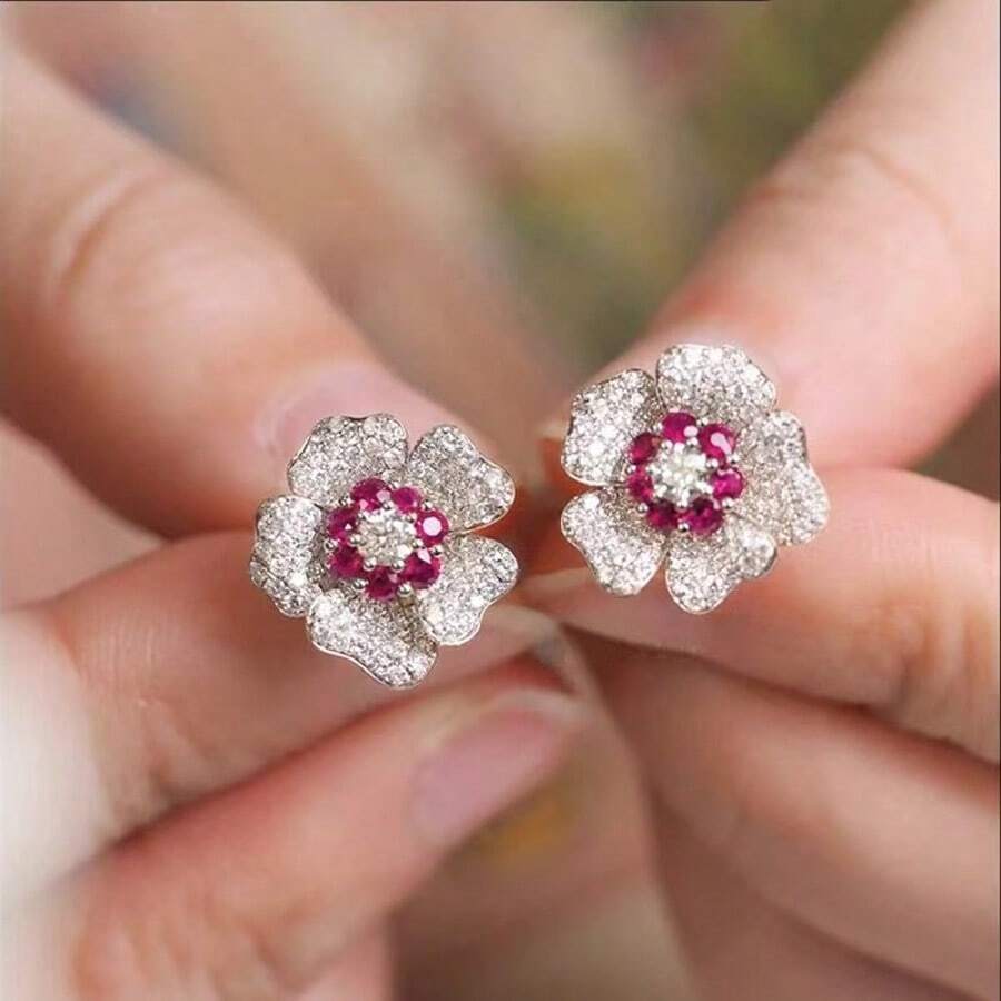 1 Pair Luxurious Copper Zirconia Stud Earrings, Ruby Earrings, Suitable For Daily Wear, Gift - Multicolor - View 1