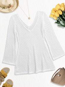 女士加大码长袖镂空钩编泳衣罩衫，优雅波西米亚海滩度假风，珍珠纽扣性感V领白色迷你连衣裙，夏季度假 - 白色 - 查看 12