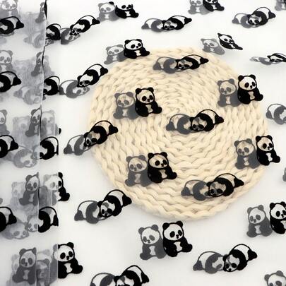 1pc Double-Sided Velvet Panda Animal Pattern Plain Mesh Gauze 100% Polyester Fabric | 62.99x19.68 Inch - Black Panda, Tulle Mesh With 3D Panda Pattern | DIY Bows, Party Capes & Photo Backdrops