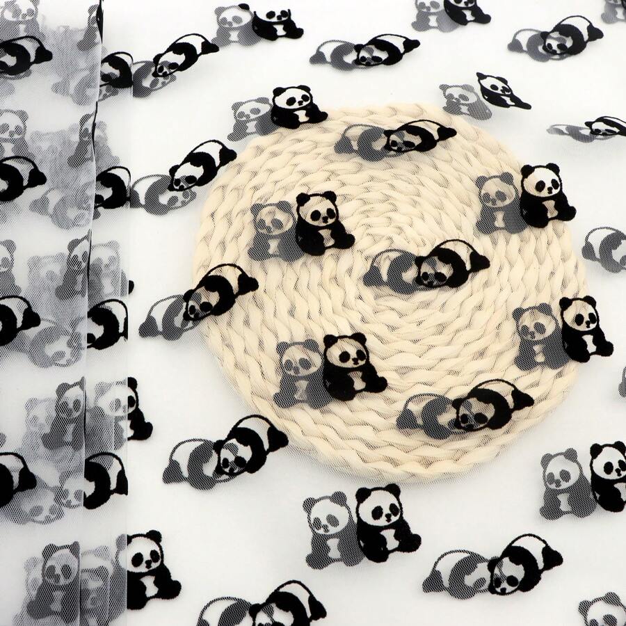 1pc Double-Sided Velvet Panda Animal Pattern Plain Mesh Gauze 100% Polyester Fabric | 62.99x19.68 Inch - Black Panda, Tulle Mesh With 3D Panda Pattern | DIY Bows, Party Capes & Photo Backdrops - Default - View 1
