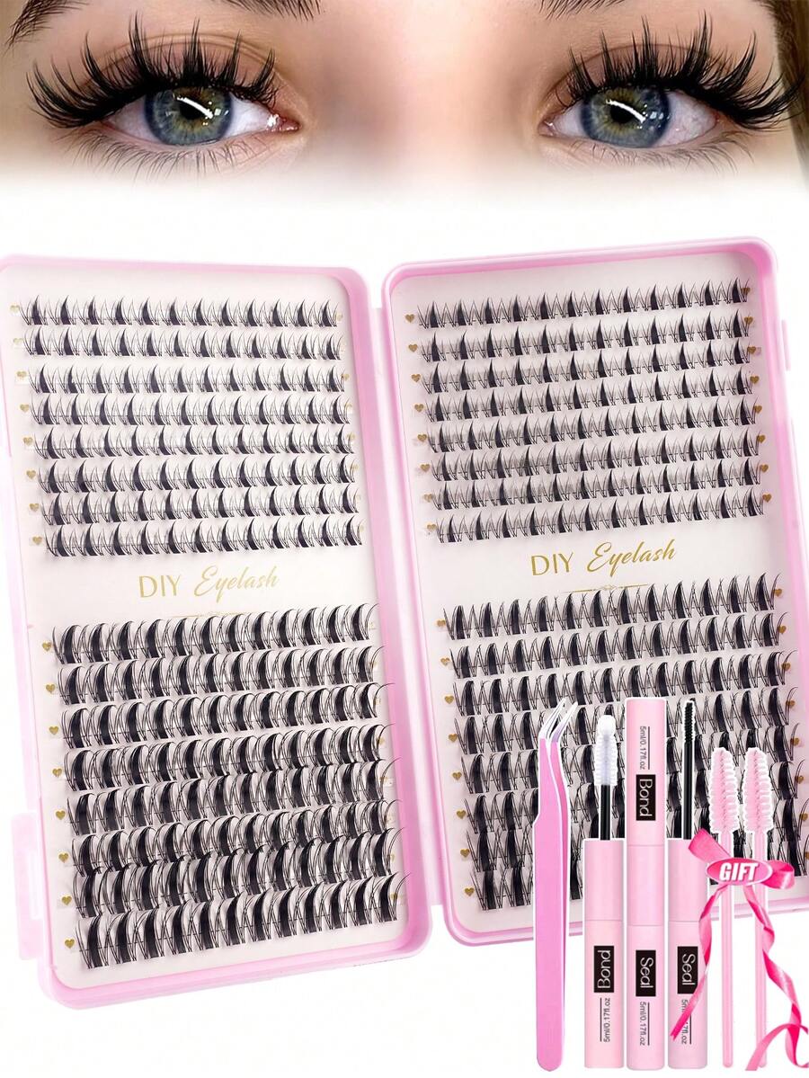 384片单根假睫毛，睫毛册，簇状假睫毛，DIY家用睫毛嫁接，簇状假睫毛，单根假睫毛，漫画睫毛簇套装，尖刺簇状睫毛嫁接套装，动漫睫毛，单根浓密睫毛嫁接套装，DIY家用8-16毫米簇状睫毛套装，含粘合剂和密封剂，防水，含镊子