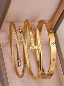 3 件套不锈钢高品质花朵锆石女士指甲袖口手链，适合日常佩戴的珠宝套装 - 金黃色 - 查看 10