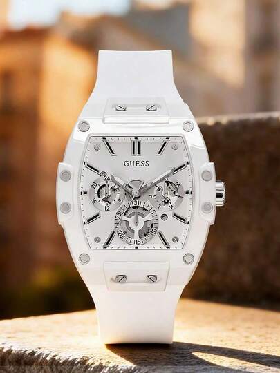 Guess 男士奢华桶形表盘石英表，白色硅胶表带，多功能模拟腕表，休闲运动时尚配饰，适合日常街头穿着