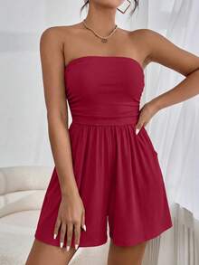 Women Summer Romper Strapless Tube Ruffle Boho Loose Shorts Jumpsuits Pockets Casual Daily Spring Holiday Beach Vacation Airport Outfits - Red - View 3