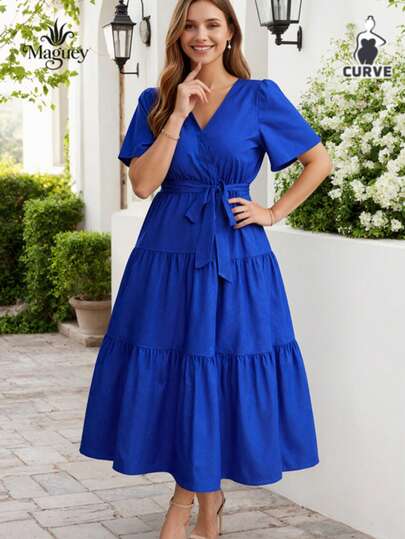 Vestidos Elegantes Largo de Talla Grande para Fiestas, Escote En V Con Detalle de Lazo, para Uso Diario Informal