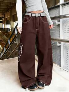 1pc Vintage American Street Style Embroidered Loose Fit Wide Leg Jeans, Comfortable Casual Versatile Denim Pants (Belt/Accessories Not Included) Spring - Coffee Brown - View 7