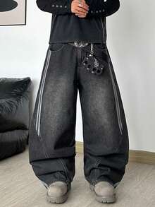 1pc Justice Brother Vintage Cocoon Men's Jeans, Patchwork Barrel Leg Loose Casual Long Pants - Black - View 3