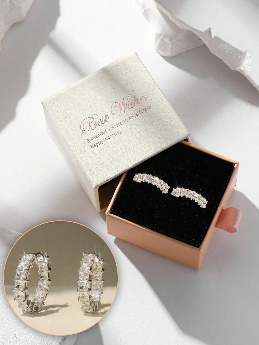 Set de 2 pendientes de lujo con diamante de imitación, pendientes de aro con circonita cúbica engastada, adecuados para bodas, compromisos y regalos del Día de San Valentín para mujeres - Plateado - Ver 1