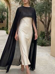 Chiffon Cape For Women Sheer Mesh Shawl Wraps Asymmetrical Flowy Capelets For Evening Dress Crop Cover Up Poncho - 黑色 - 查看 6