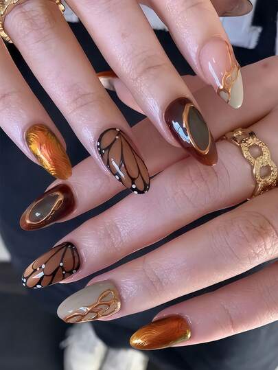 24Pcs Long Almond Press On Nails Tortoise Shell Snake Print Luxury Fake Nails With Gold Charms Glossy Acrylic Nails Reusable False Nails For Women Nail Art