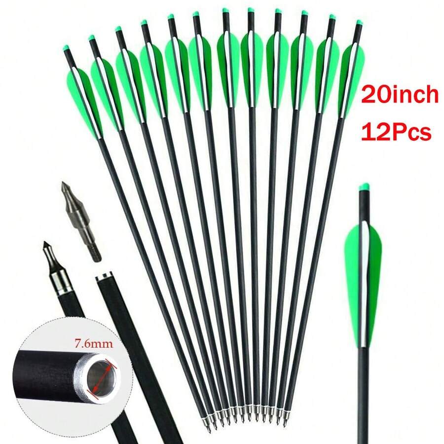12Pcs Crossbow Bolts Carbon Arrows 20 Inch Hunting Archery Crossbow Arrows With Half Moon Nocks 125 Grain Removable Tips - Green - View 1