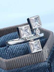 创意方形和圆形几何戒指，合成锆石首饰，女士礼物 - 白色 - 查看 4