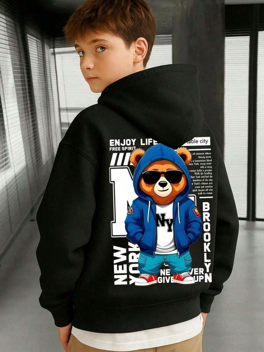 Children's Fleece Hoodie Sweatshirt, Boy's Kangaroo Style, Bear Design, Enjoy Streetwear - Black - View 1