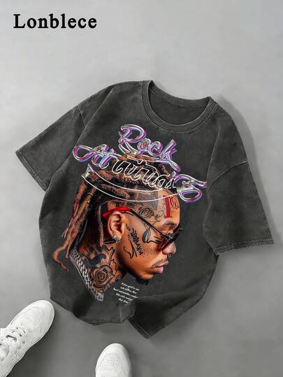 Lonblece 复古男士街头风T恤，3D霓虹文字和图案印花，水洗黑色宽松版型T恤，适合嘻哈爱好者