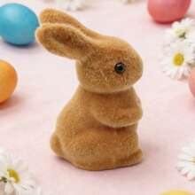Easter Flocked Bunny Decor Cute Moss Rabbit Figurines Desktop Decorations For Living Room Farmhouse Home - Brown - View 1
