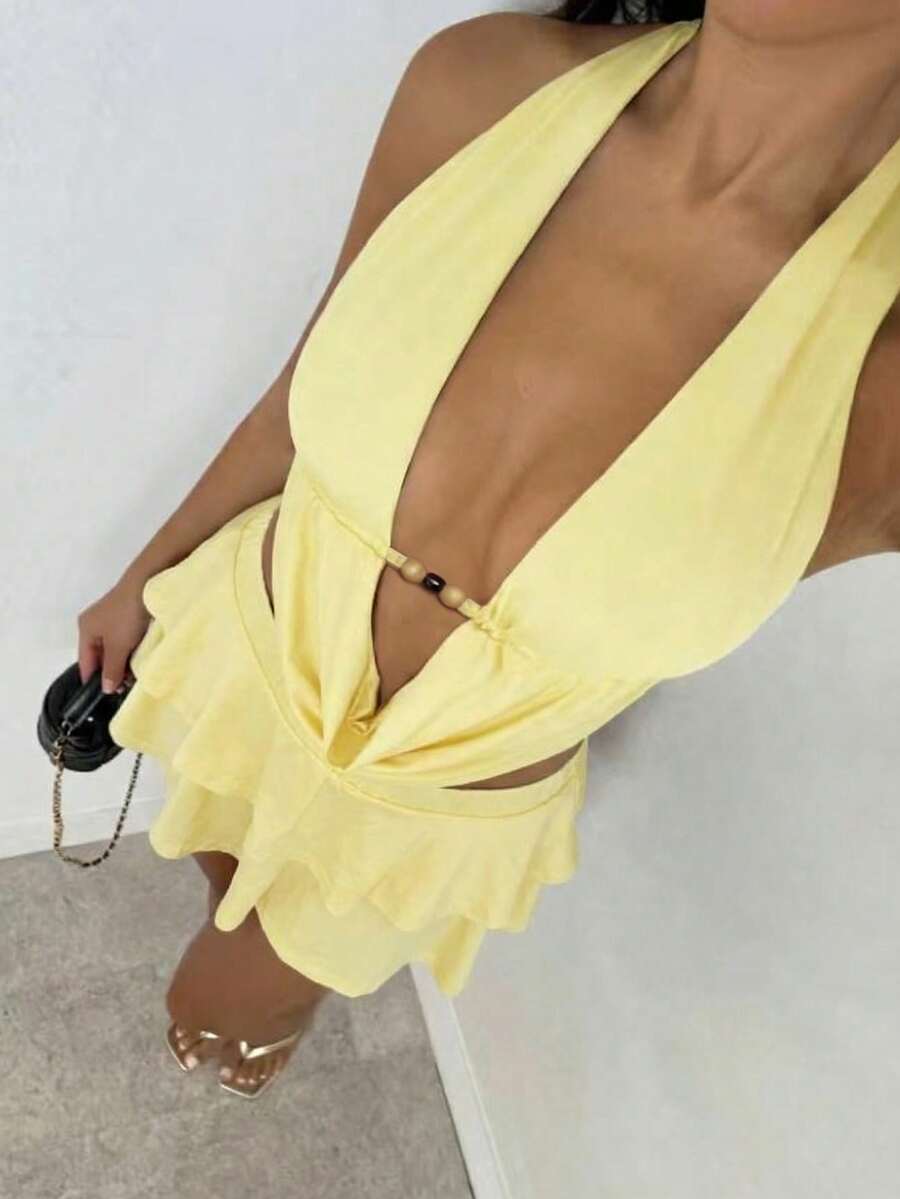 女士夏季露背系带上衣和多层半裙套装，性感黄色两件套，夏季服装，夏季波西米亚风度假装，女士夏季服装 - 淡黃色 - 查看 1