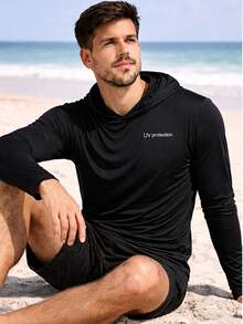Men's UV Sun Protection Shirt With Hood, Long Sleeves - 黑色 - 查看 4