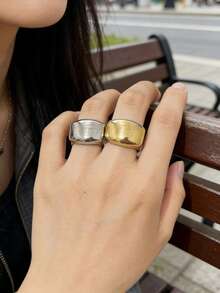 1 pieza Anillo de mujer de moda casual con diseño asimétrico trapezoidal, material de acero inoxidable 316, acabado chapado al vacío en oro de 18K, duradero, resistente al agua y que no se desvanece - Anillo trapezoidal irregular para mujer - Ver 4