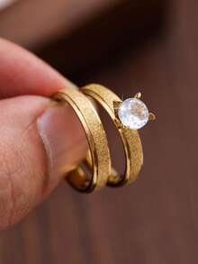 1 par de anillos de pareja de acero inoxidable, bandas de boda con acabado arenado, estilo europeo minimalista, anillos de promesa a juego, regalo del Día de San Valentín - Amarillo Oro - Ver 1