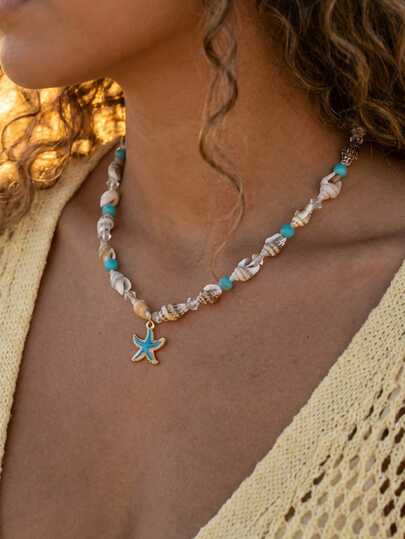 1件波西米亚风树脂贝壳海星水晶吊坠项链，适合夏季海滩度假、旅行、女性日常装饰、服装搭配、约会、派对、节日礼物