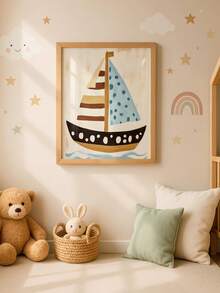 1件装带框帆船主题墙饰，适用于儿童房、波西米亚风游戏室装饰、趣味海岸风装饰、女孩房墙饰、男孩房墙饰、婴儿用品、儿童房装饰、游戏室装饰，防水 - 彩色 - 查看 6
