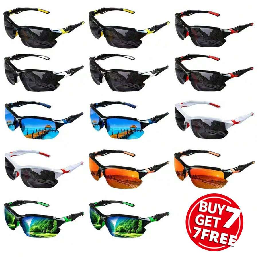 Paquete de 14 gafas de sol deportivas envolventes y oversize para hombres, de varios colores, para uso al aire casual - 14 piezas - Ver 1
