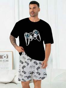 Plus Size Men's Pajama Set | Round Neck Short Sleeve Top And Elastic Waist Casual Shorts Two Pieces | Polyester Knit Fabric Skin-Friendly Breathable Loose Comfortable | Game Console Pattern Print Casual Design - Black - View 7