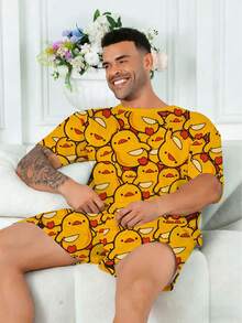 Plus Size Men's Pajama Set | Round Neck Short Sleeve Top And Elastic Waist Casual Shorts, 2 Piece Set | Polyester Knit Fabric, Soft And Breathable, Loose And Comfortable | Cute Little Duck Pattern Print, Casual Design - Yellow - View 4