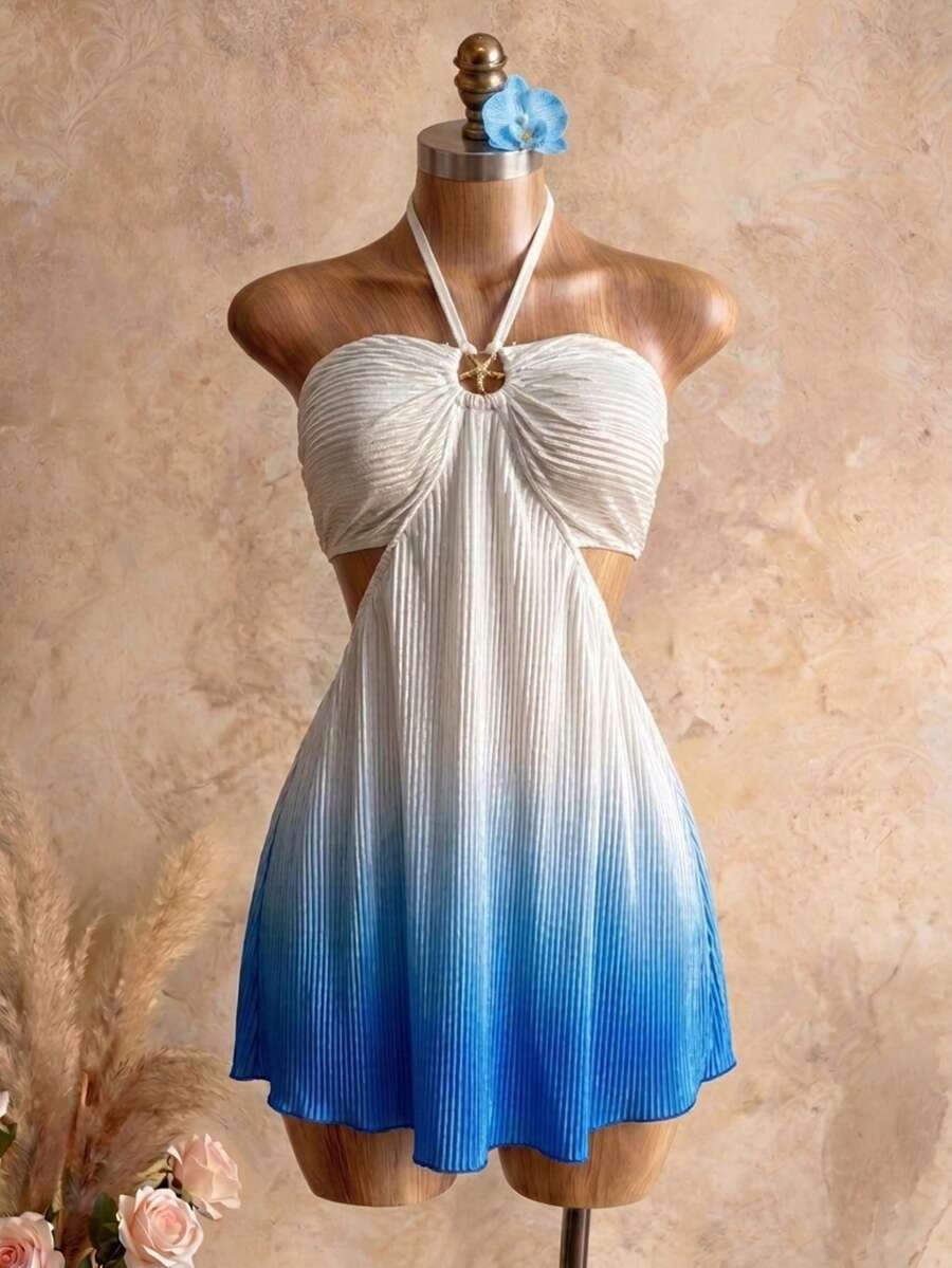 Vestido mini elegante con espalda descubierta y cuello halter en degradado - Multicolor - Ver 1