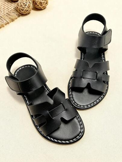 1 Pair Kids Black Sandals, Unisex Girls Boys Fashion Flat Sandals, Hook And Loop Design, Suitable For Summer Outdoor, Casual, Vacation