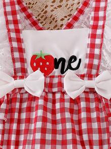 2件装女婴夏季可爱草莓蕾丝边双蝴蝶结拼接撞色格子无袖吊带露背腰部连体连衣裙，配蝴蝶结发带 - 紅色 - 查看 5