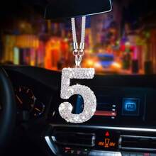 1pc Stainless Steel Shiny Lucky Number Pendant, Adjustable Chain Car Decor, Single Digit Charm Pendant, Unisex Car Accessory - Numbers 0-9 - Silver - View 2