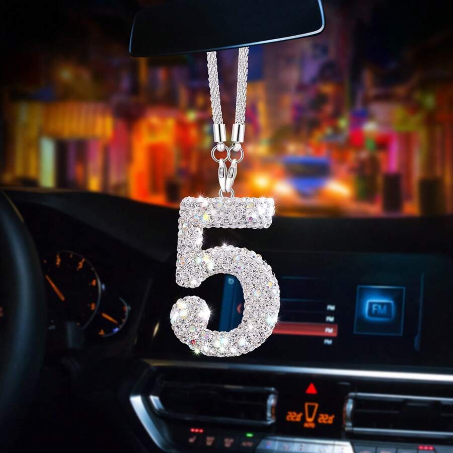 1pc Stainless Steel Shiny Lucky Number Pendant, Adjustable Chain Car Decor, Single Digit Charm Pendant, Unisex Car Accessory