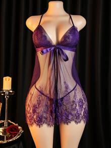 性感内衣套装，蕾丝睡裙，露背开衩半身裙配内裤，薄纱娃娃裙 - 紫色 - 查看 3